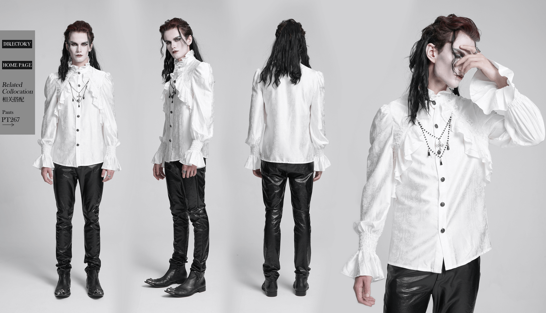 Elegant Victorian Gothic ruffled long sleeve white shirt with high collar and smocked cuffs, styled for a dramatic look.