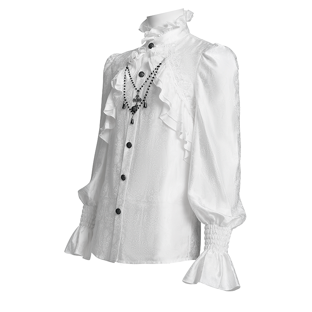 Elegant Victorian Gothic white ruffled long sleeve shirt with high collar and flared cuffs, perfect for steampunk looks.