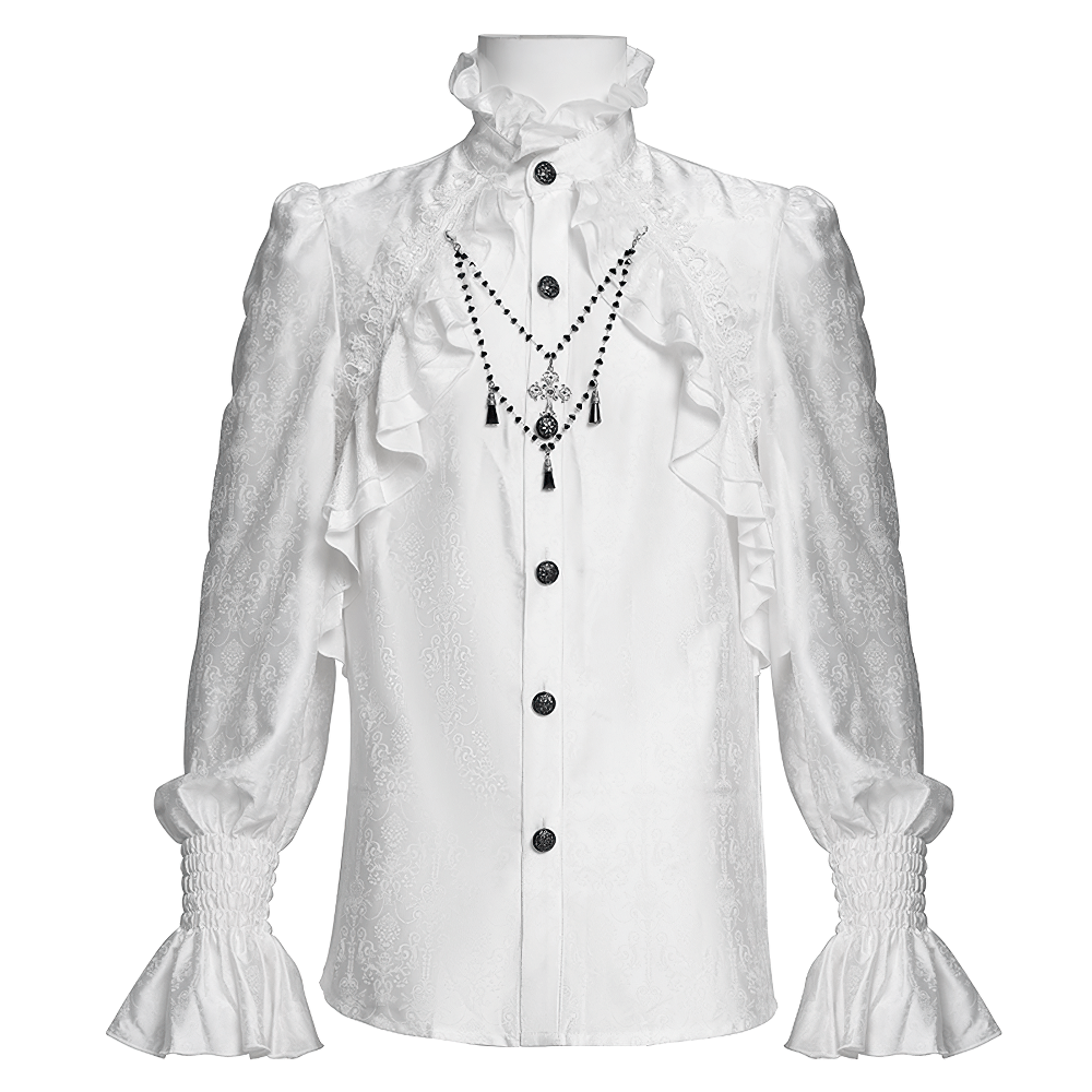 Elegant Victorian Gothic white shirt with ruffles, high collar, and smocked cuffs, perfect for steampunk and cosplay looks.