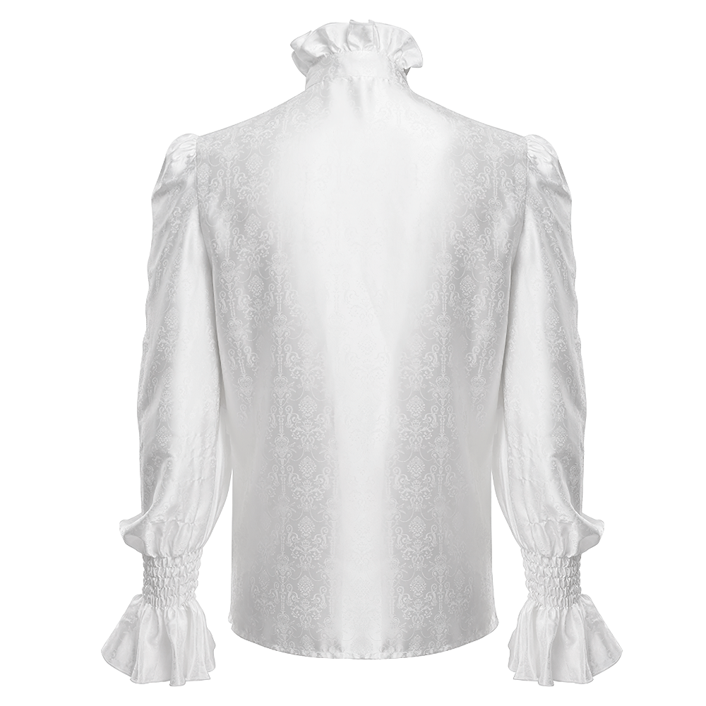 Elegant Victorian Gothic white shirt with ruffled long sleeves and high collar, showcasing a vintage design.