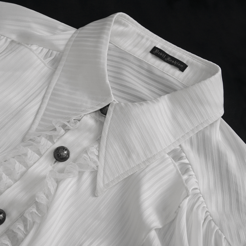 Elegant Victorian inspired pleated ruffle shirt with buttons, showcasing a classic white design.