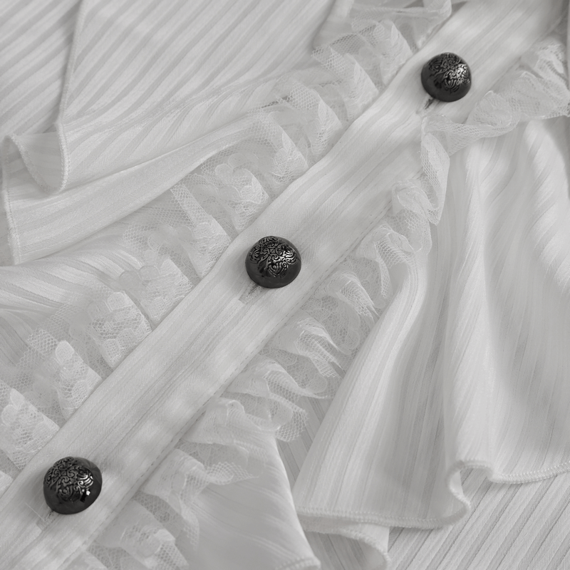 Close-up of Victorian-inspired pleated ruffle shirt featuring elegant buttons and delicate fabric details.