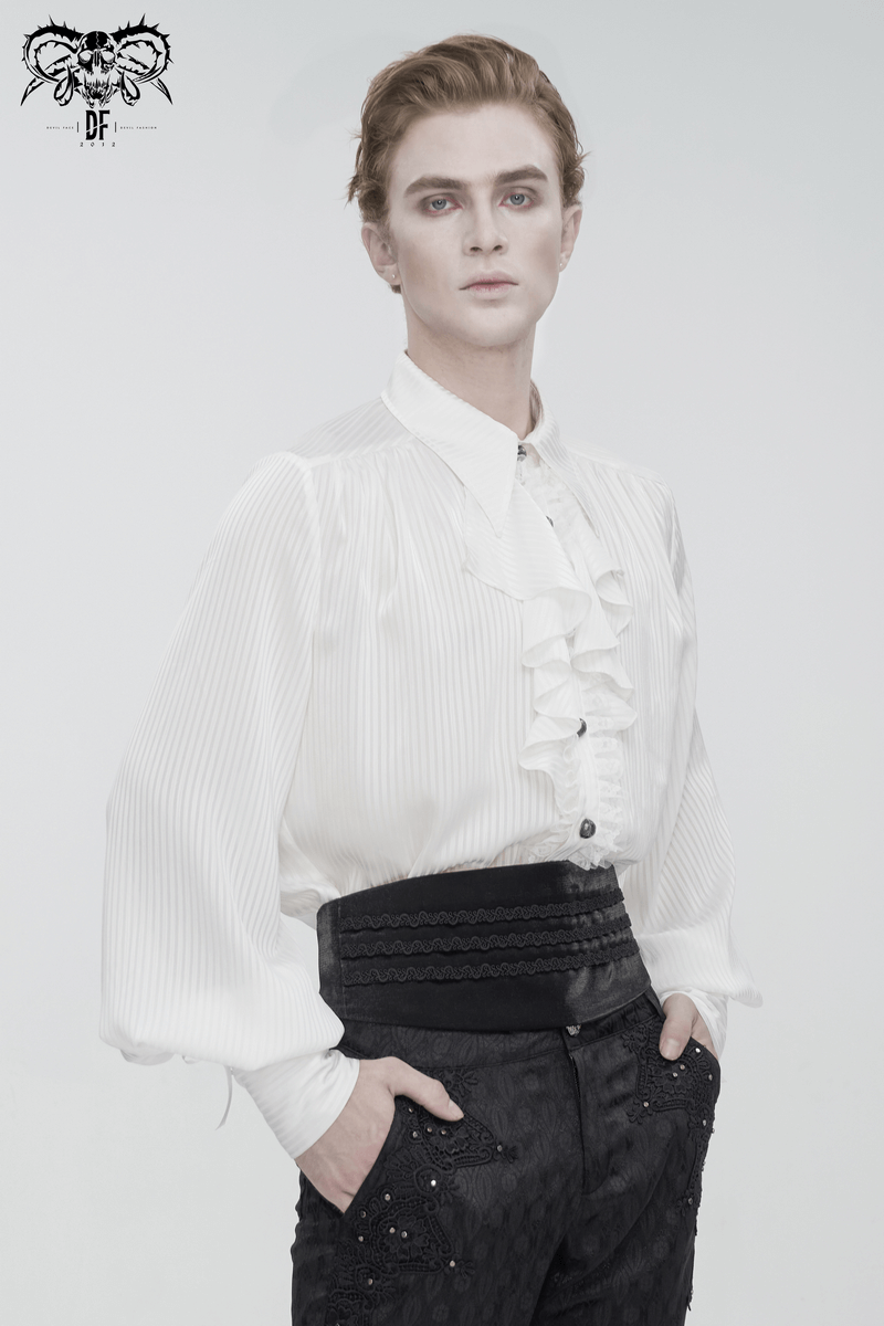 Elegant Victorian inspired men's pleated ruffle shirt with buttons, showcasing timeless style and sophistication.