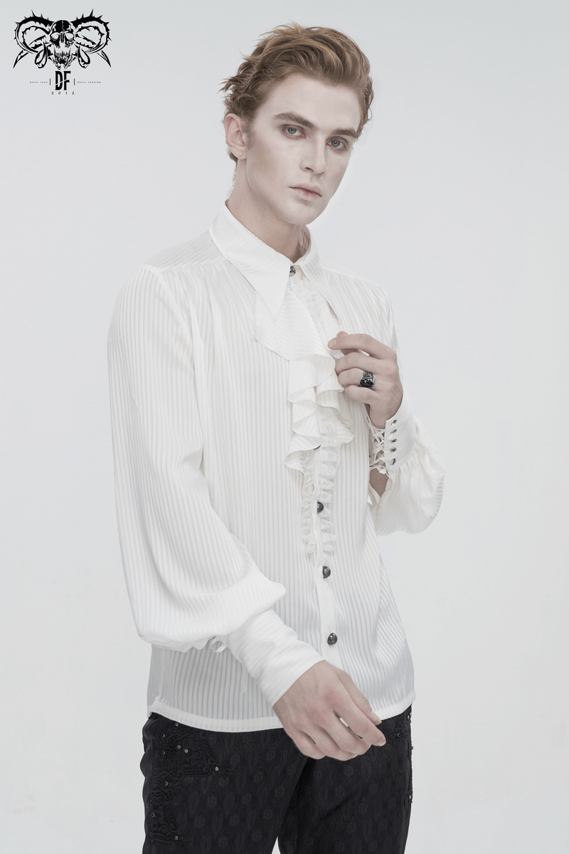 Elegant Victorian-inspired men's pleated ruffle shirt with buttons, showcasing timeless style and modern flair.