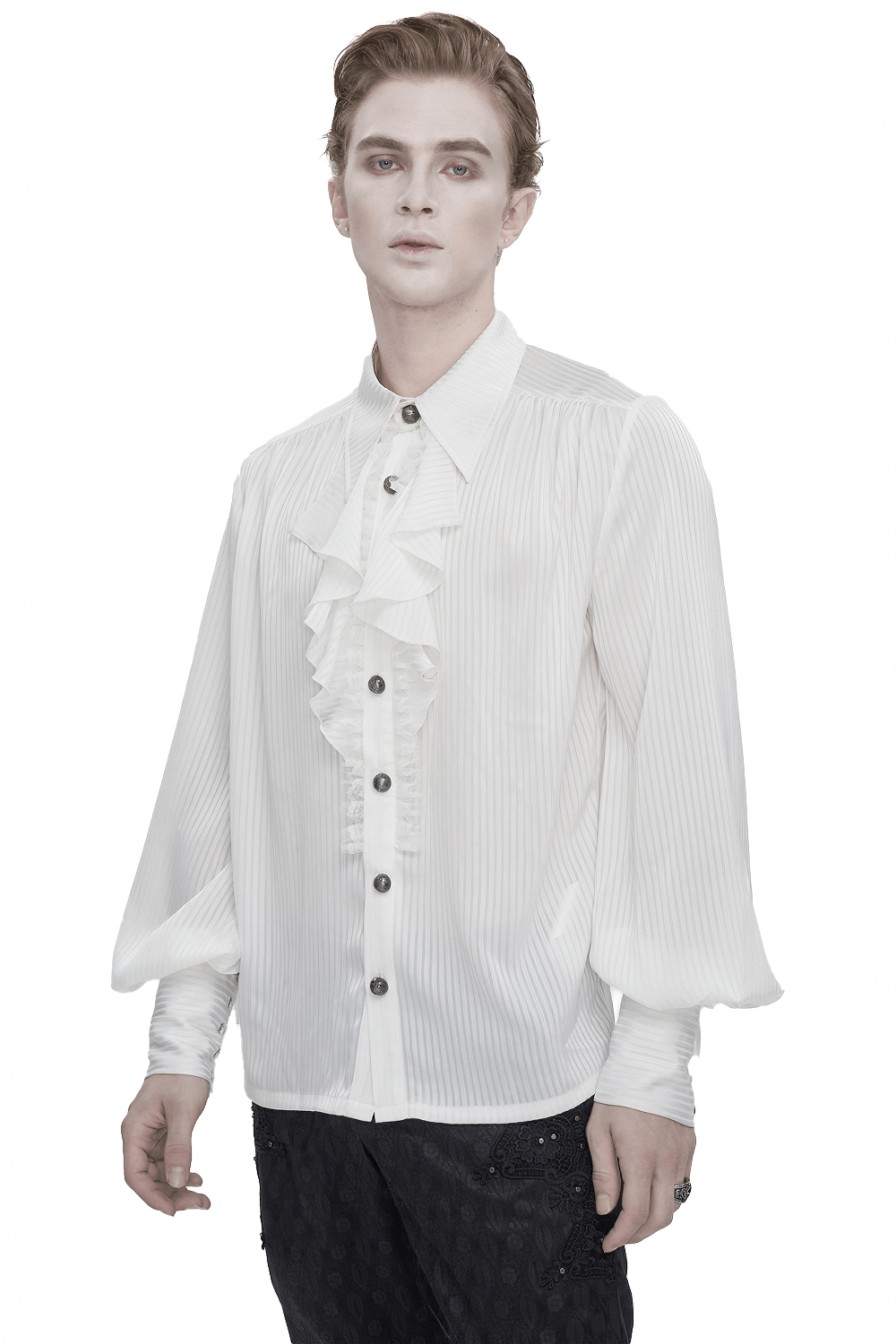 Elegant Victorian inspired pleated ruffle shirt with buttons for men, showcasing timeless style and sophistication.