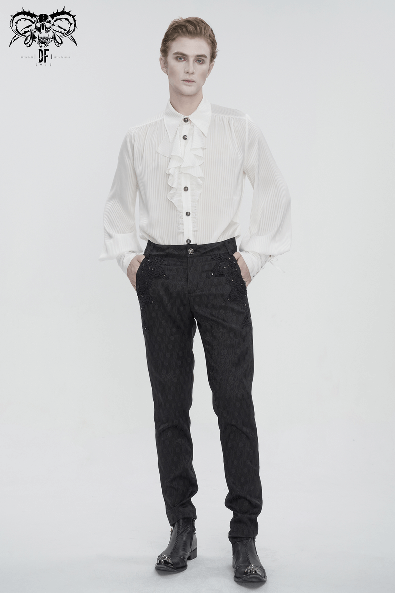 Elegant Victorian-inspired pleated ruffle shirt with buttons, paired with stylish black pants.
