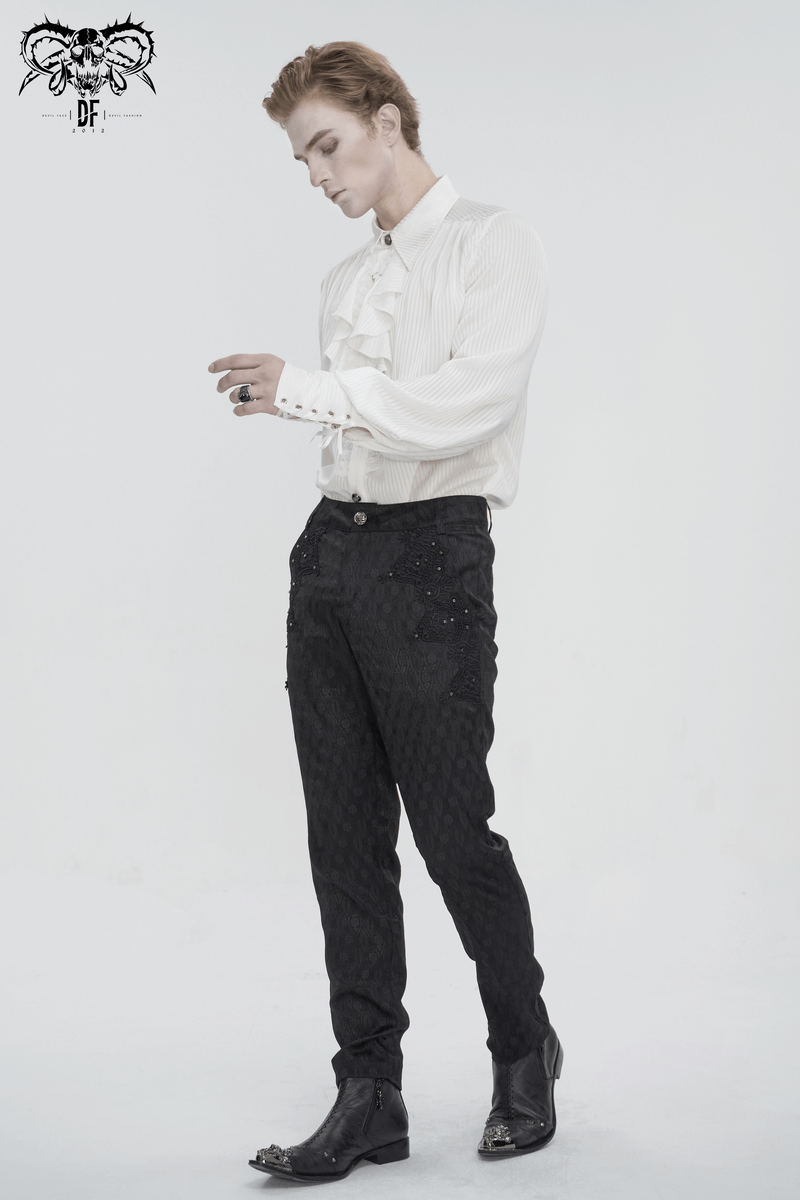 Elegant Victorian inspired men's pleated ruffle shirt with buttons, styled with black trousers.