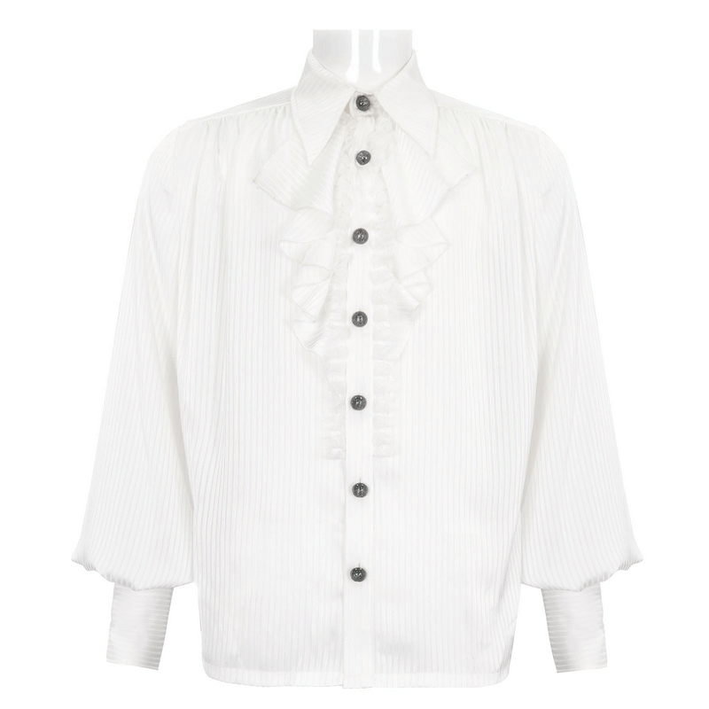 Elegant Victorian inspired pleated ruffle shirt featuring ornate buttons in classic white.