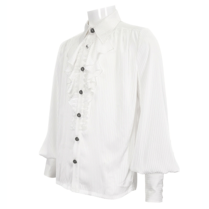 Victorian inspired men's pleated ruffle shirt with buttons, showcasing elegant design and classic style.