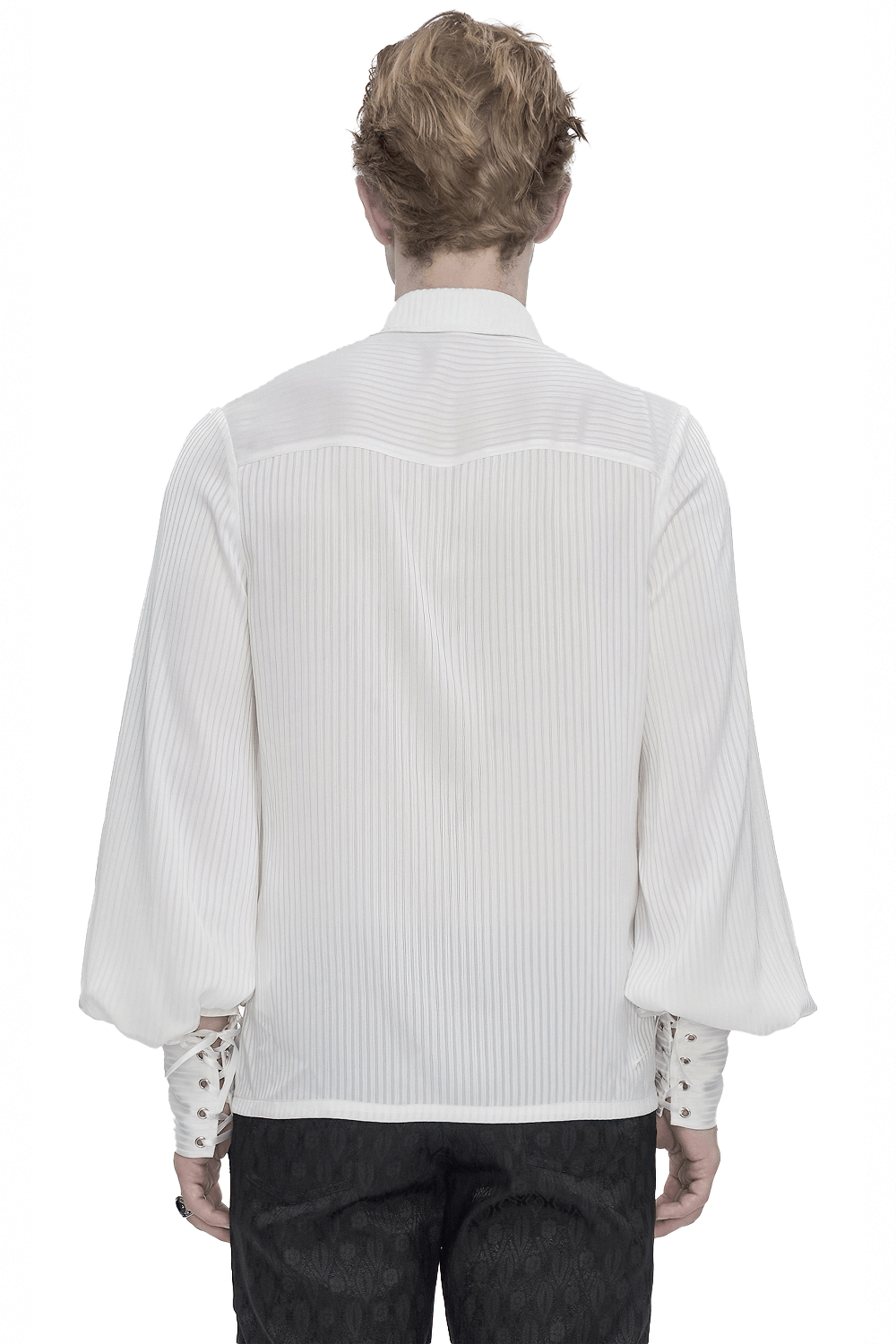 Back view of men's elegant Victorian inspired pleated ruffle shirt with ornate buttons.