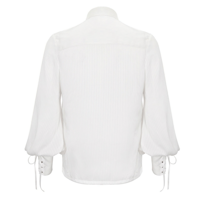 Elegant Victorian inspired men's pleated ruffle shirt, showcasing a back view with balloon sleeves and stylish ties.