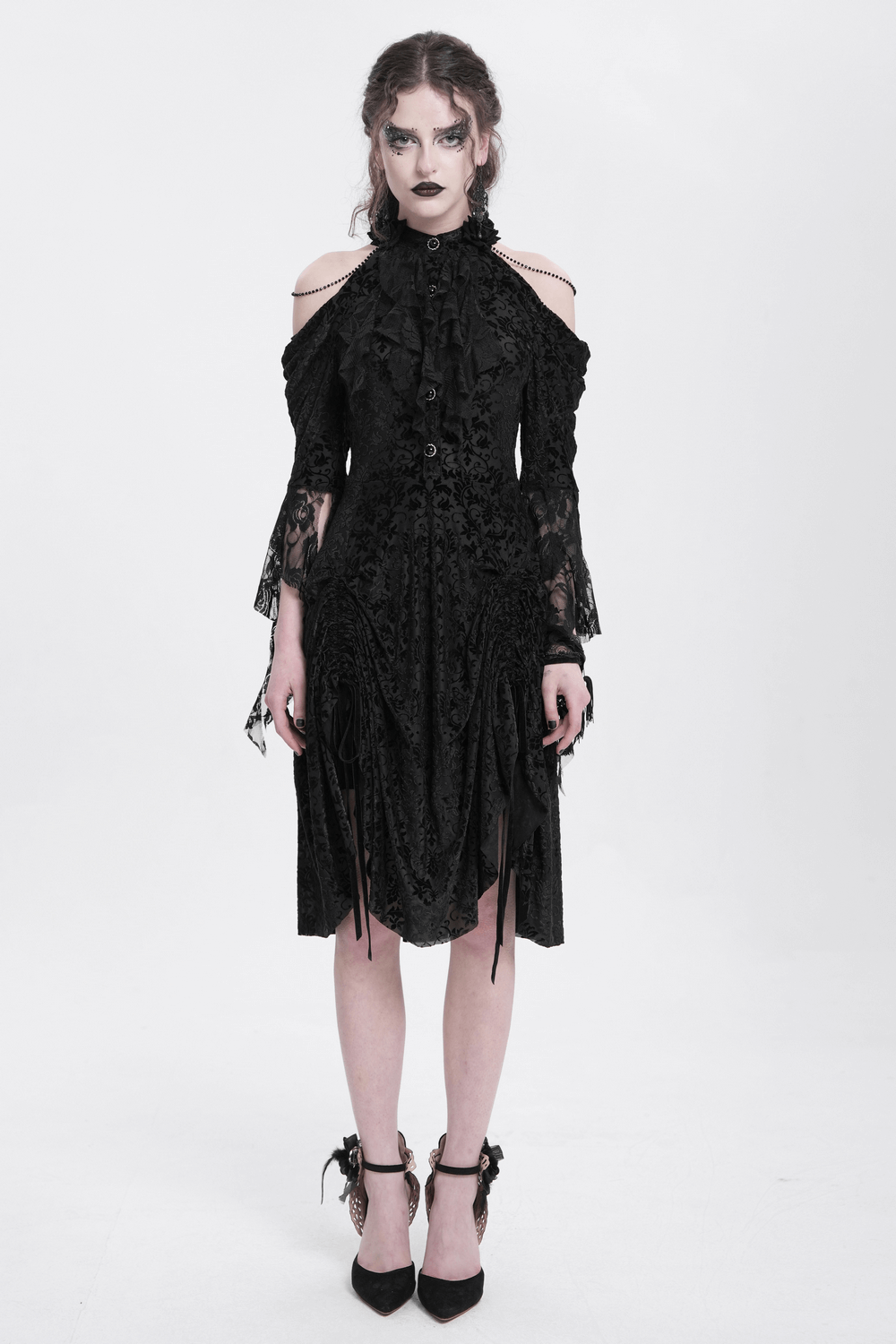 Elegant Victorian lace Gothic dress with ruffles and lace sleeves, perfect for dark romantic fashion lovers.