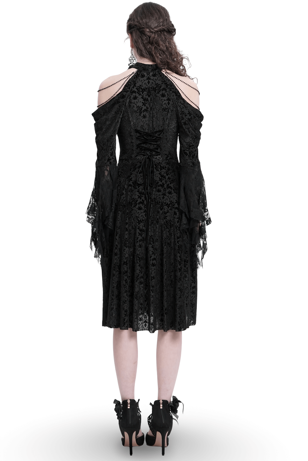 Back view of an elegant Victorian lace Gothic dress with ruffles and floral patterns, perfect for dark romantic fashion.