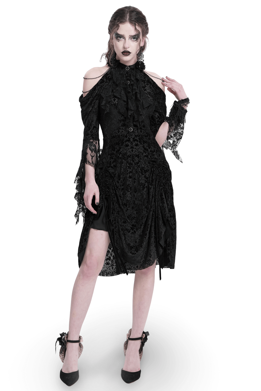 Elegant Victorian lace gothic dress featuring ruffle details, black lace sleeves, and a flattering silhouette.