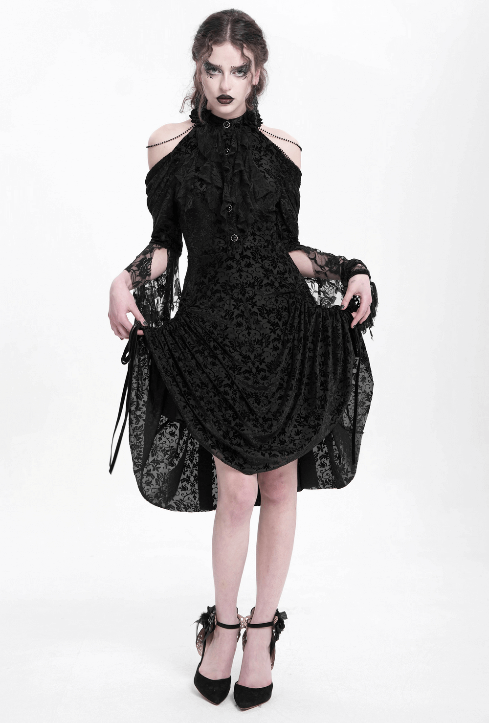 Elegant Gothic Victorian lace dress with ruffles, featuring a dramatic neckline and intricate lace detailing.