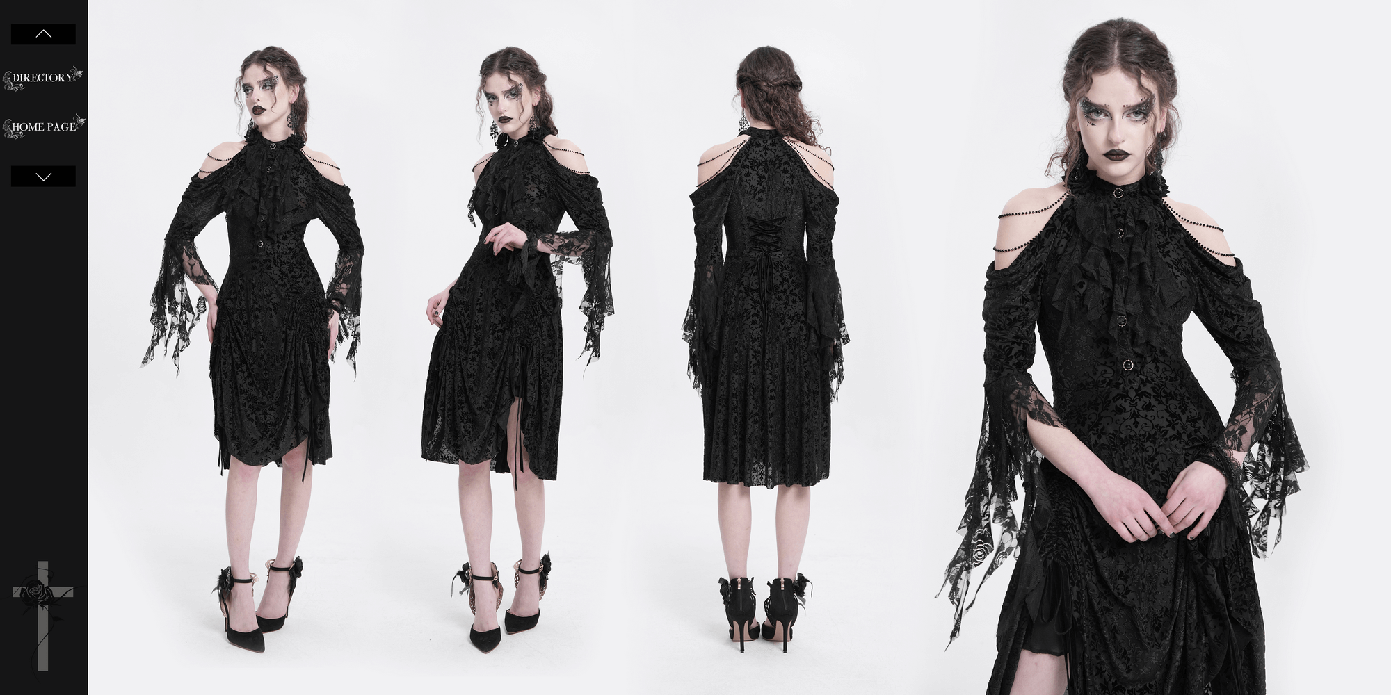 Elegant Victorian lace gothic dress with ruffles and cold shoulder design, perfect for dark romantic style.