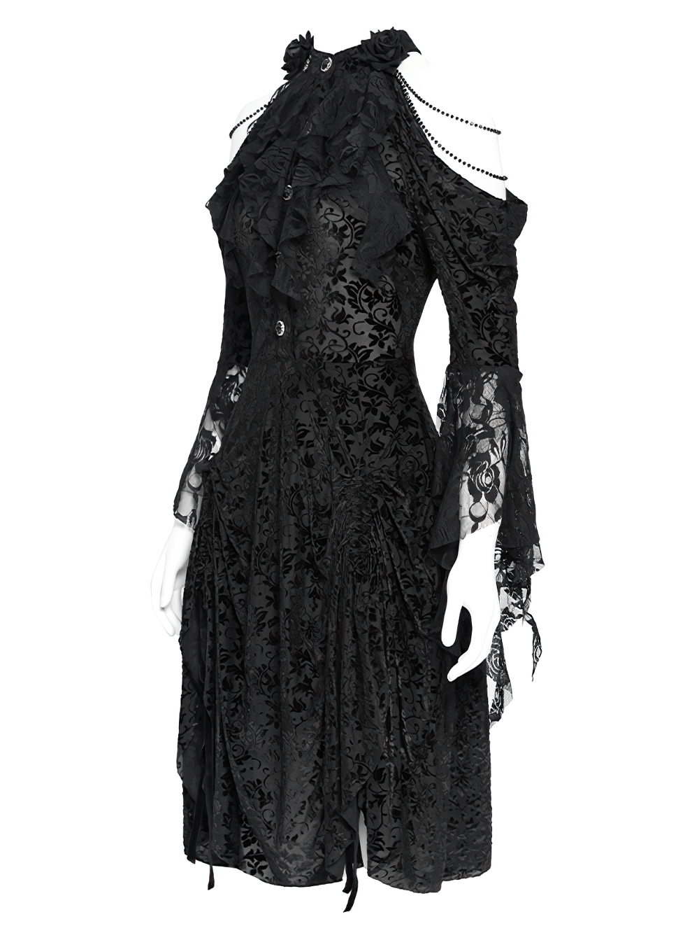 Elegant Gothic Victorian lace dress with ruffles and lace sleeves, perfect for dark romantic style.