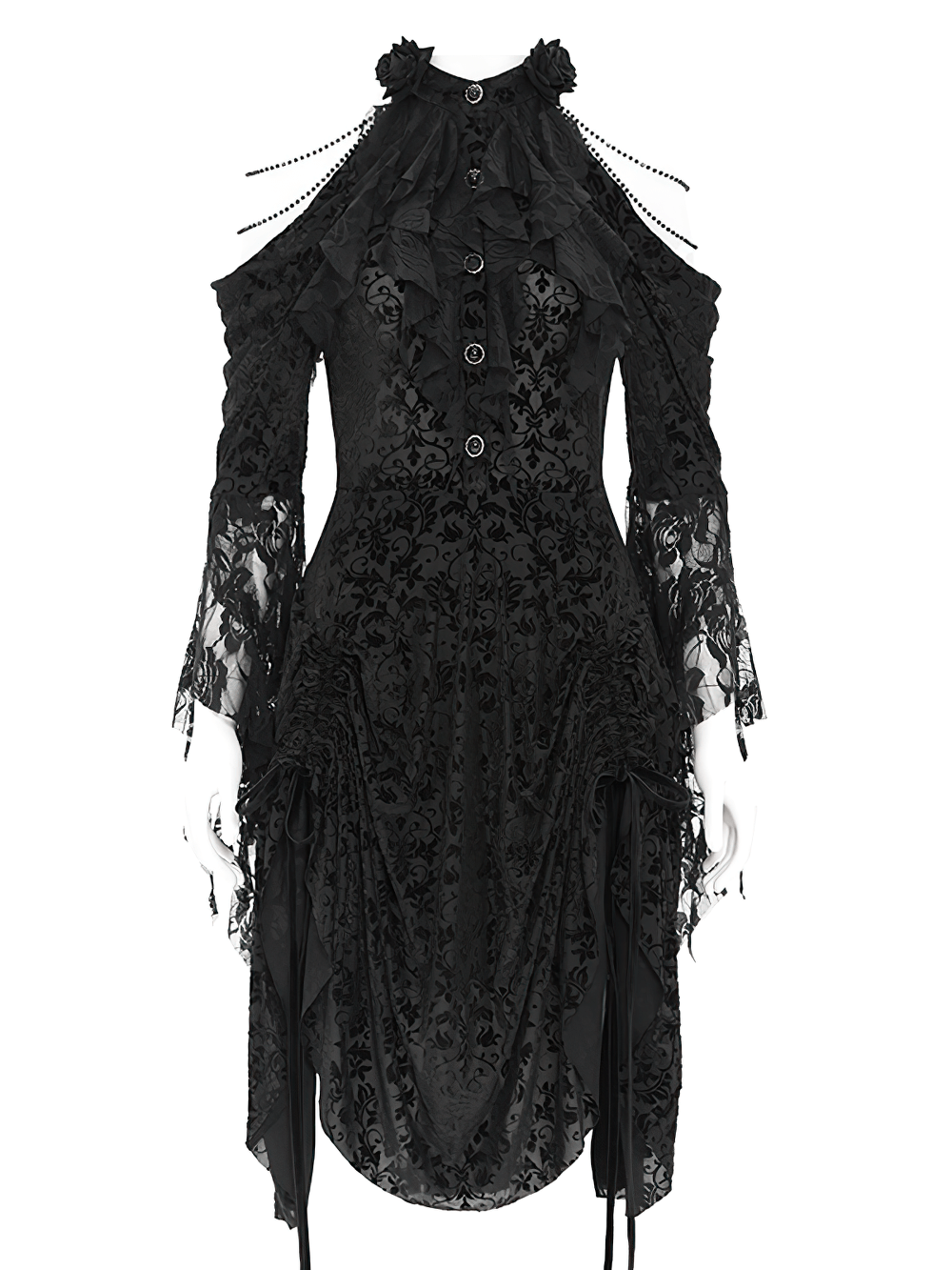 Elegant Victorian lace gothic dress with ruffles and dramatic sleeves, perfect for dark romantic fashion.
