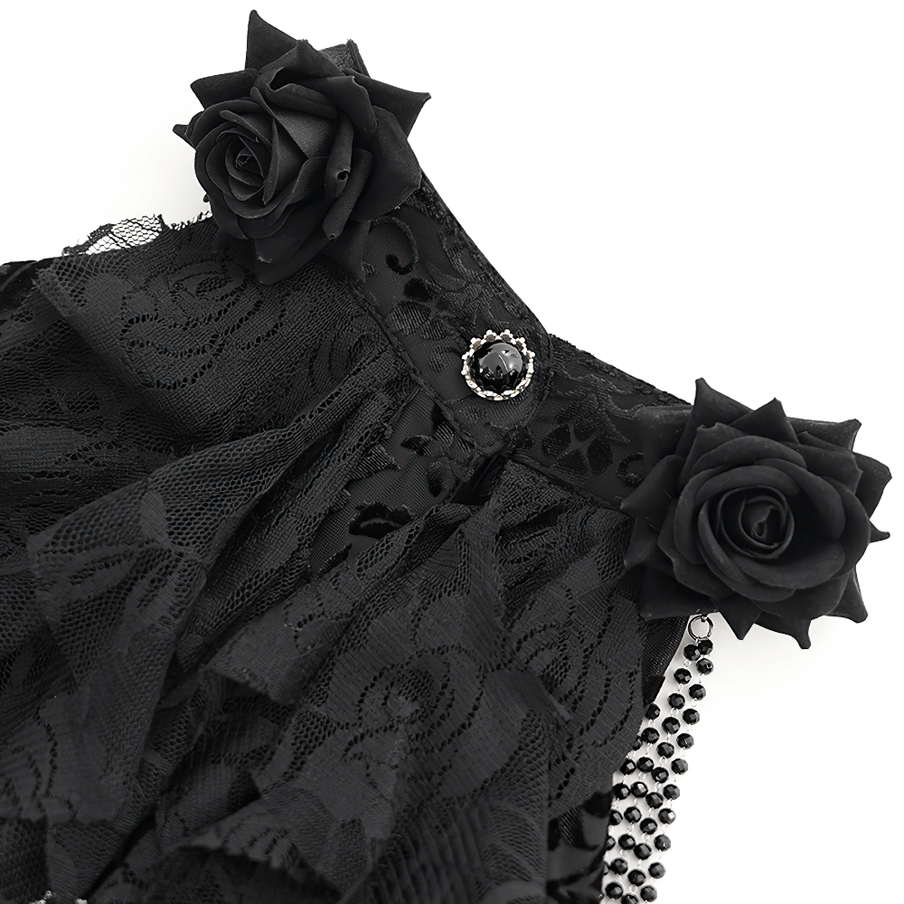 Elegant black lace dress neckline with ruffle details and black rose accents for a gothic style.