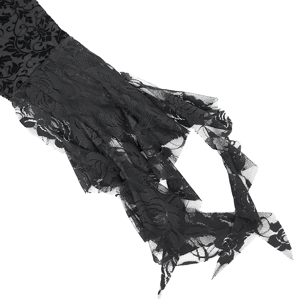 Intricate black lace detailing of a Victorian Gothic dress with elegant ruffle sleeves.
