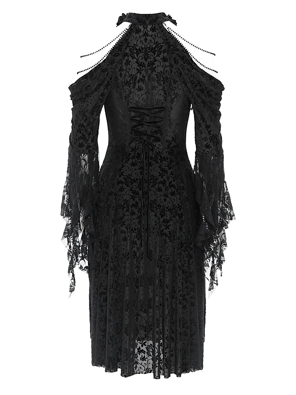 Elegant Gothic Victorian lace dress with ruffle details and dramatic sleeves.
