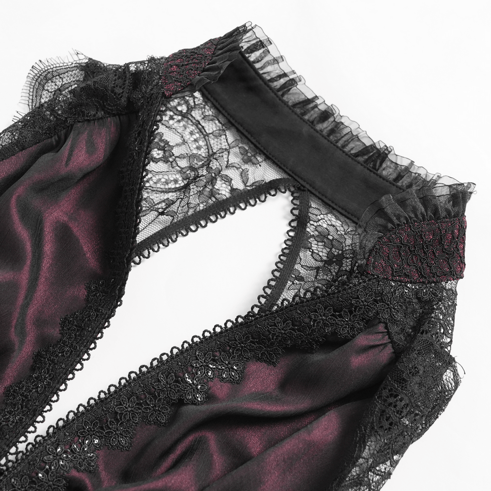 Elegant Victorian Lace Halter Corset Top with Ruffled Hem close-up showing lace details and open back.