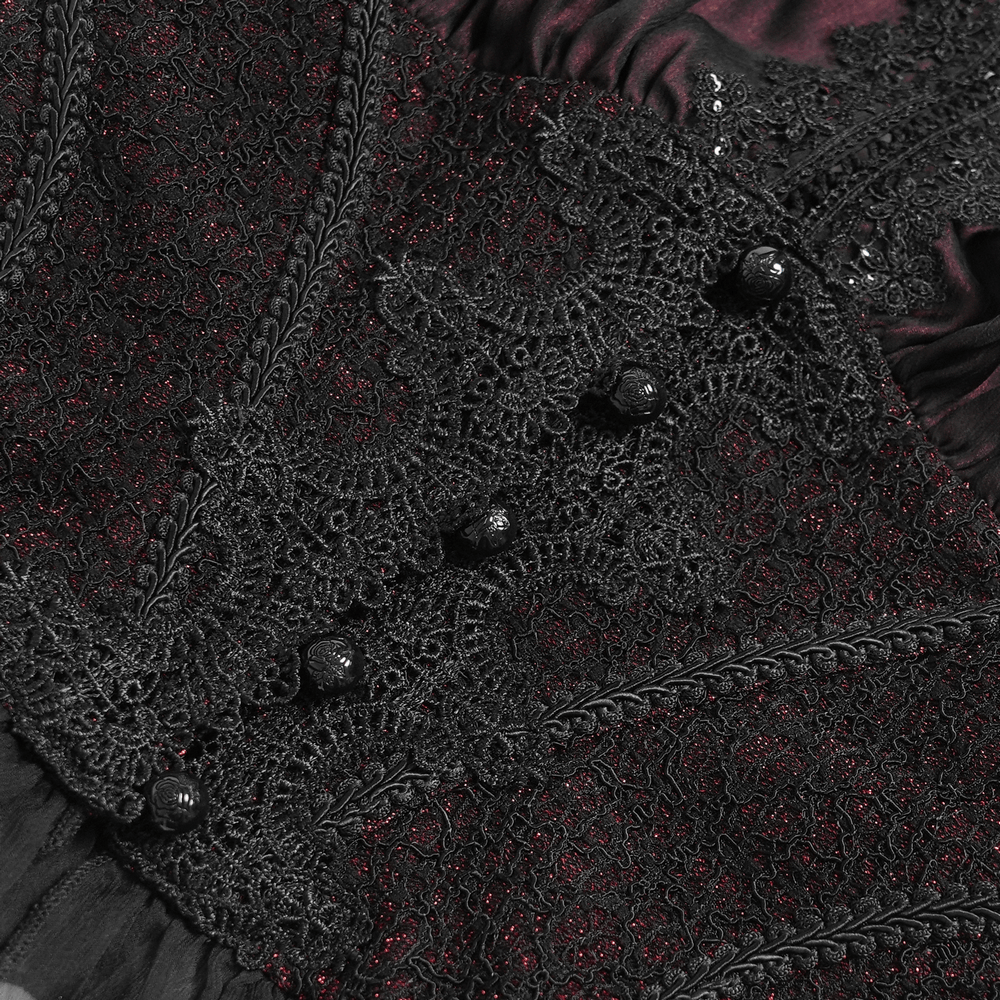 Elegant Victorian Lace Halter Corset Top with Ruffled Hem detailed lace and button embellishments on a dark fabric