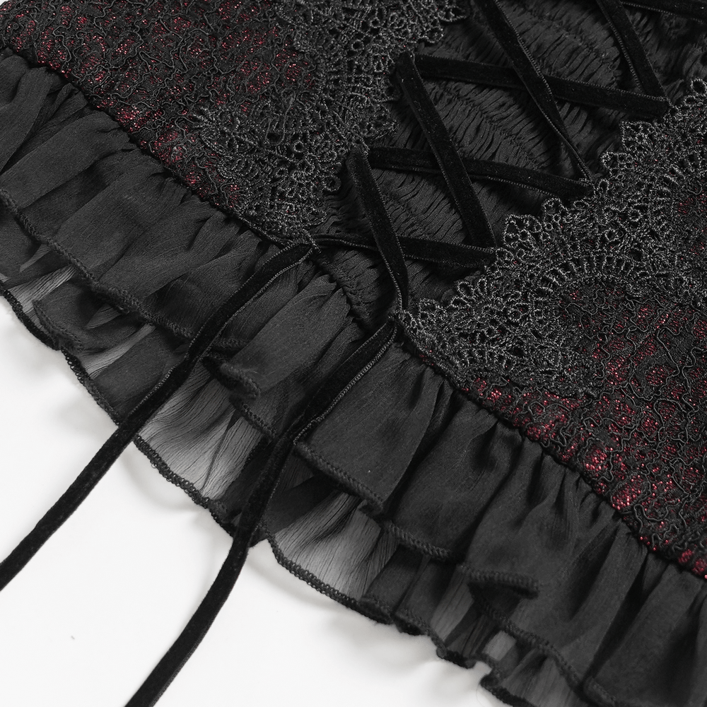 Elegant Victorian Lace Halter Corset Top with Ruffled Hem showing intricate lace detail and ruffled hem.