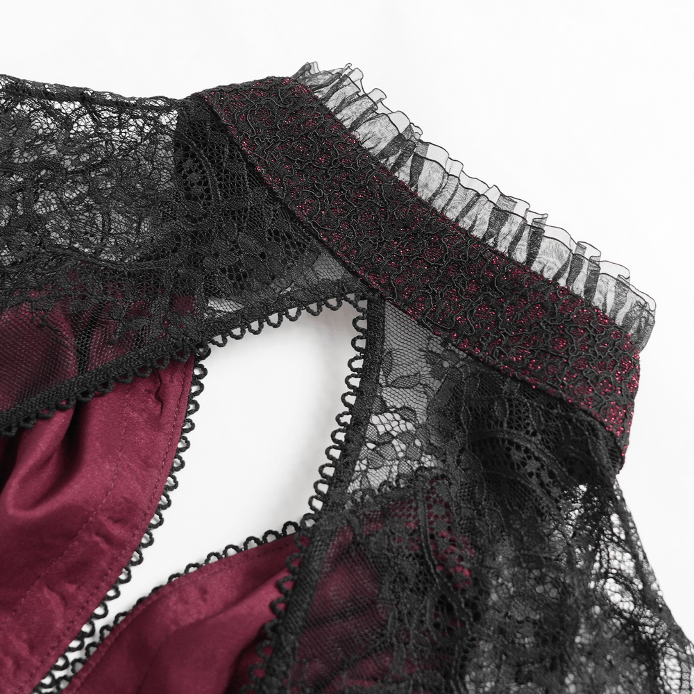 Elegant Victorian Lace Halter Corset Top with Ruffled Hem detail showing lace and ruffled trim in black and deep red.