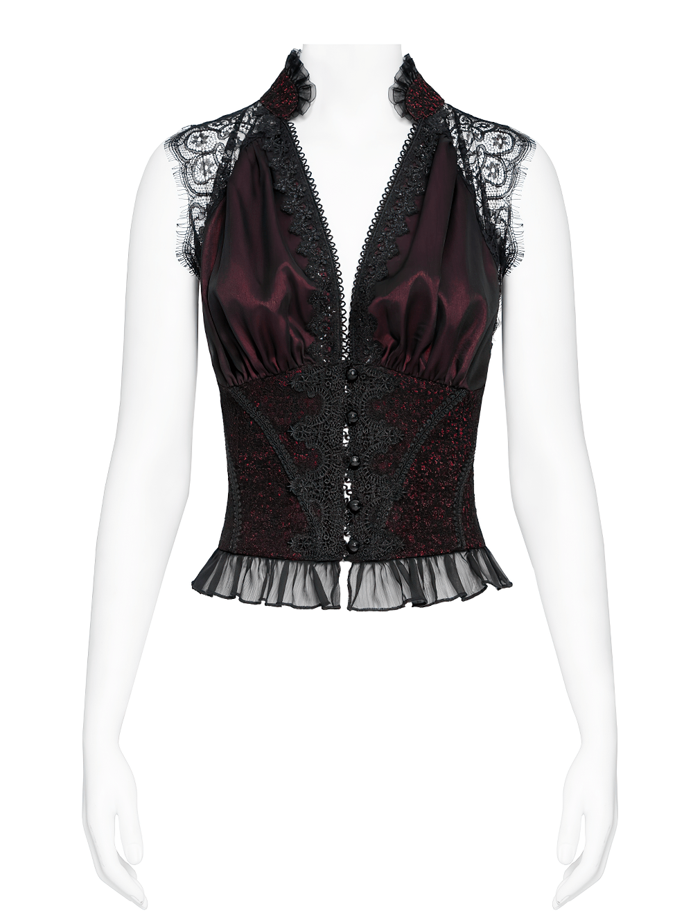 Elegant Victorian Lace Halter Corset Top with Ruffled Hem in black and deep red, featuring lace details and a plunging neckline.