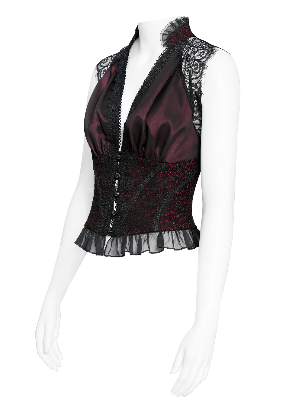 Elegant Victorian Lace Halter Corset Top with Ruffled Hem - dark romantic gothic top with lace and ruffled hem.