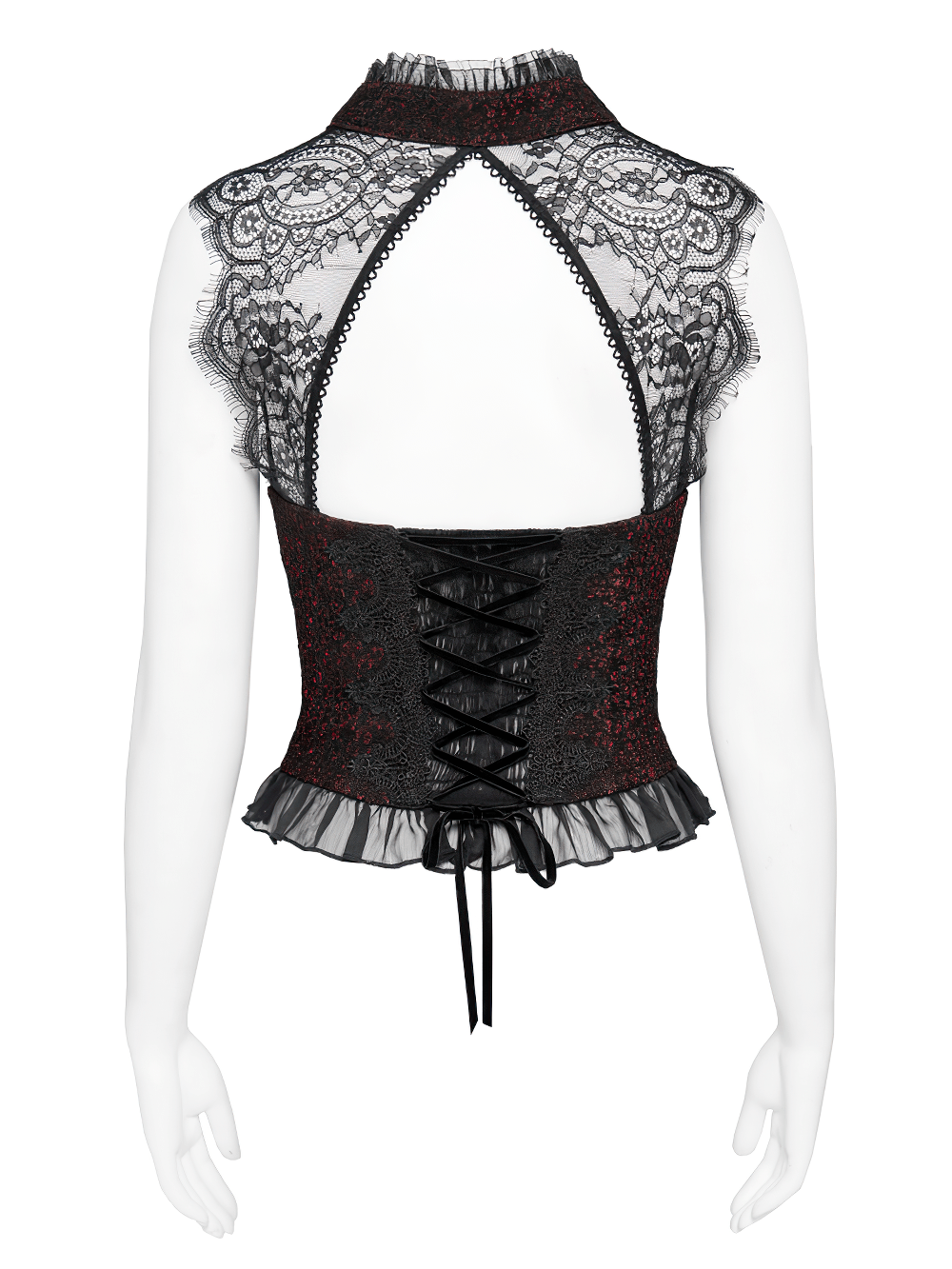 Elegant Victorian Lace Halter Corset Top with Ruffled Hem - back view showcasing open design and lace details.