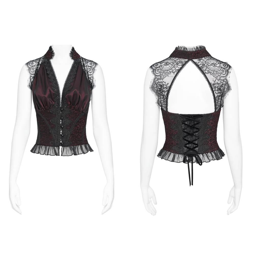 Elegant Victorian Lace Halter Corset Top with Ruffled Hem in black and deep red, featuring lace details and open back.