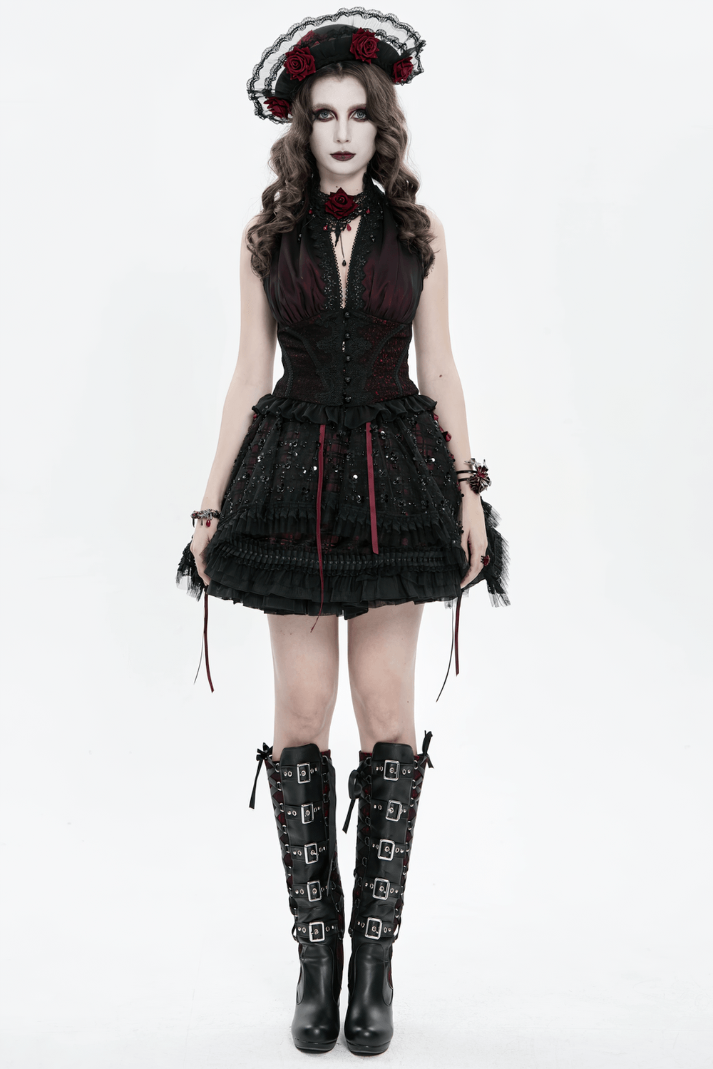Elegant Victorian Lace Halter Corset Top with Ruffled Hem in a gothic outfit featuring dark colors and accessories.
