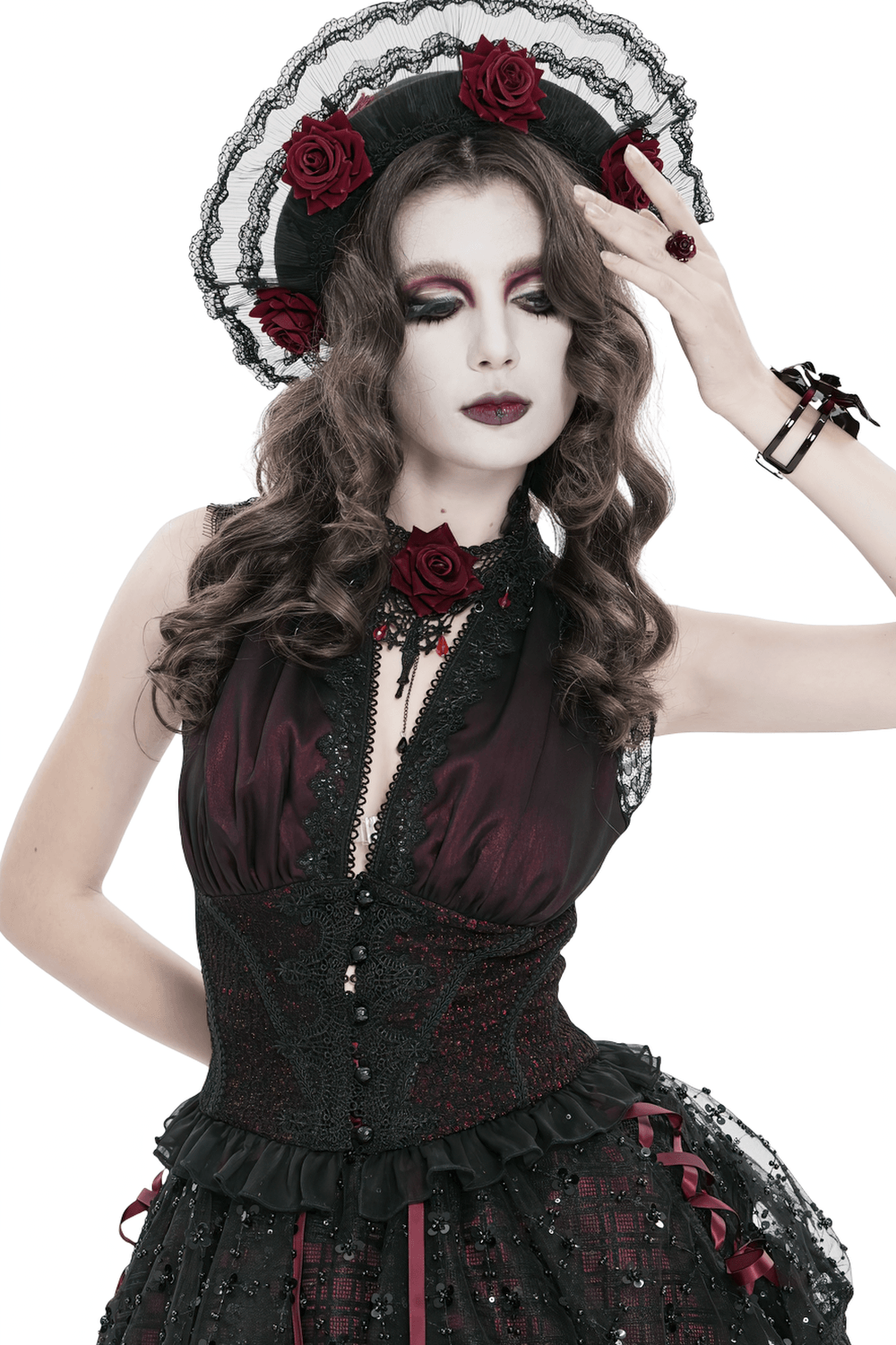 Elegant Victorian Lace Halter Corset Top with Ruffled Hem worn by model with gothic makeup and floral headpiece.