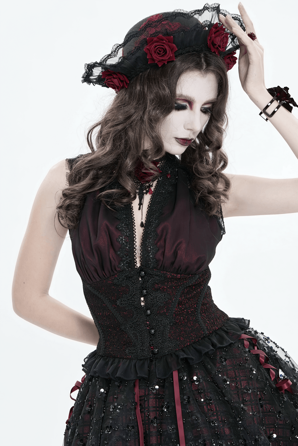 Elegant Victorian Lace Halter Corset Top with Ruffled Hem worn by model with dark romantic accessories.