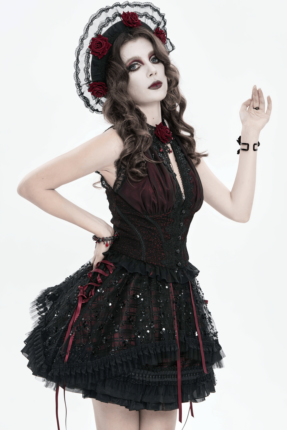 Elegant Victorian Lace Halter Corset Top with Ruffled Hem, perfect for gothic and Victorian looks.