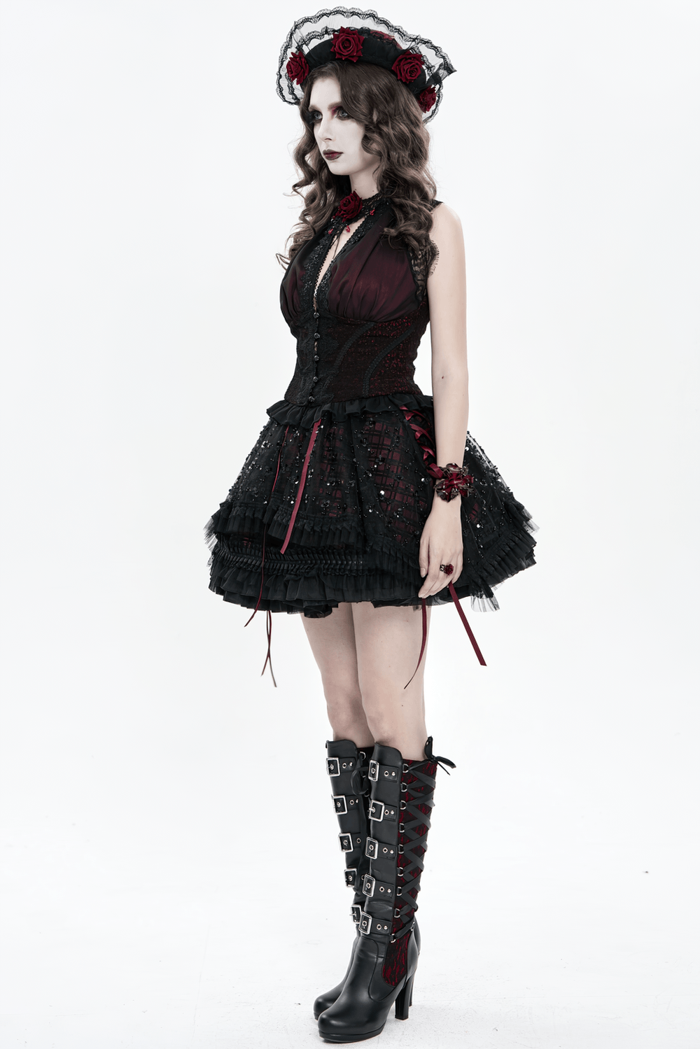 Elegant Victorian Lace Halter Corset Top with Ruffled Hem worn by a model in gothic style, showcasing dark romance.