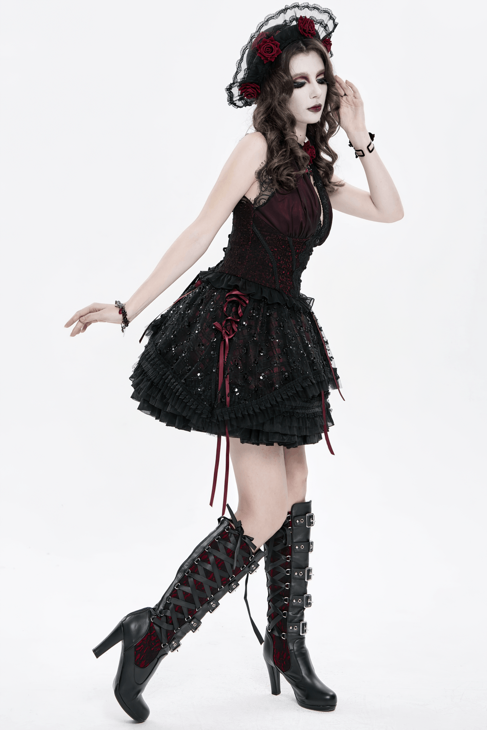 Elegant Victorian Lace Halter Corset Top with Ruffled Hem worn by model in striking gothic style.