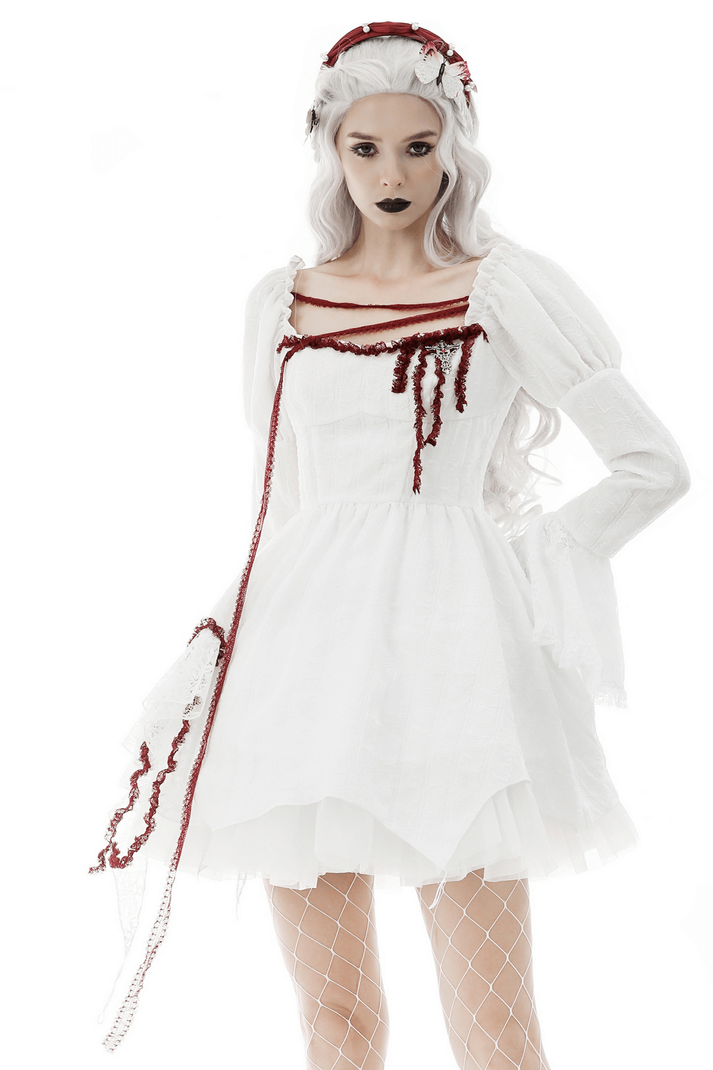 Elegant Victorian Lace Mini Dress with Blood Red Accents