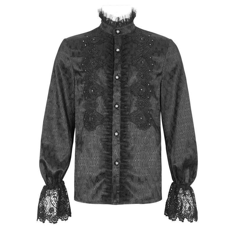 Elegant black Victorian shirt with lace trim and high collar, embodying refined elegance for a classic wardrobe.