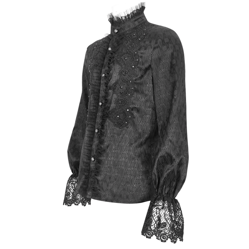 Elegant black Victorian lace-trimmed high-collar shirt with intricate detailing and stylish puff sleeves.
