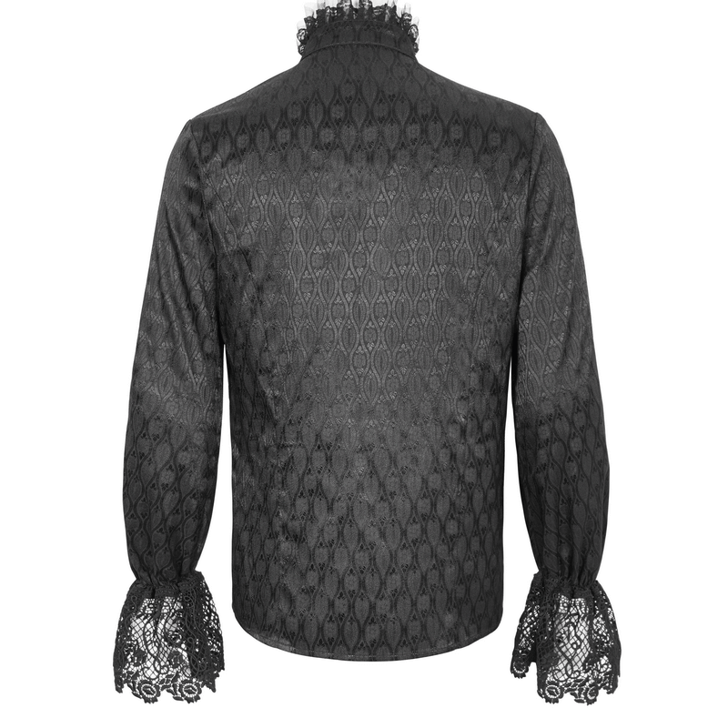 Elegant Victorian black shirt with lace-trimmed sleeves and high collar, showcasing refined craftsmanship.