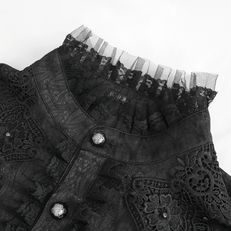Close-up of an elegant black shirt with lace trim and high collar, showcasing delicate details and intricate design.