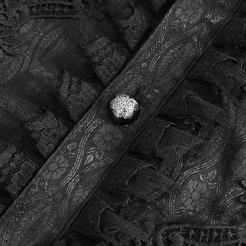 Close-up of intricate lace and button detail on a Victorian black shirt, showcasing refined elegance and craftsmanship.