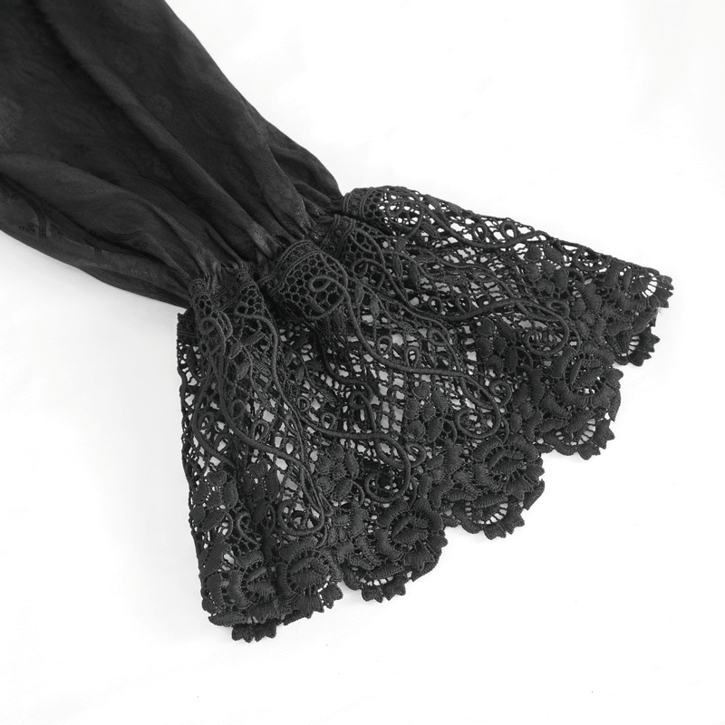 Close-up of intricate Victorian lace trim on a black shirt sleeve, showcasing exquisite craftsmanship and elegant design.