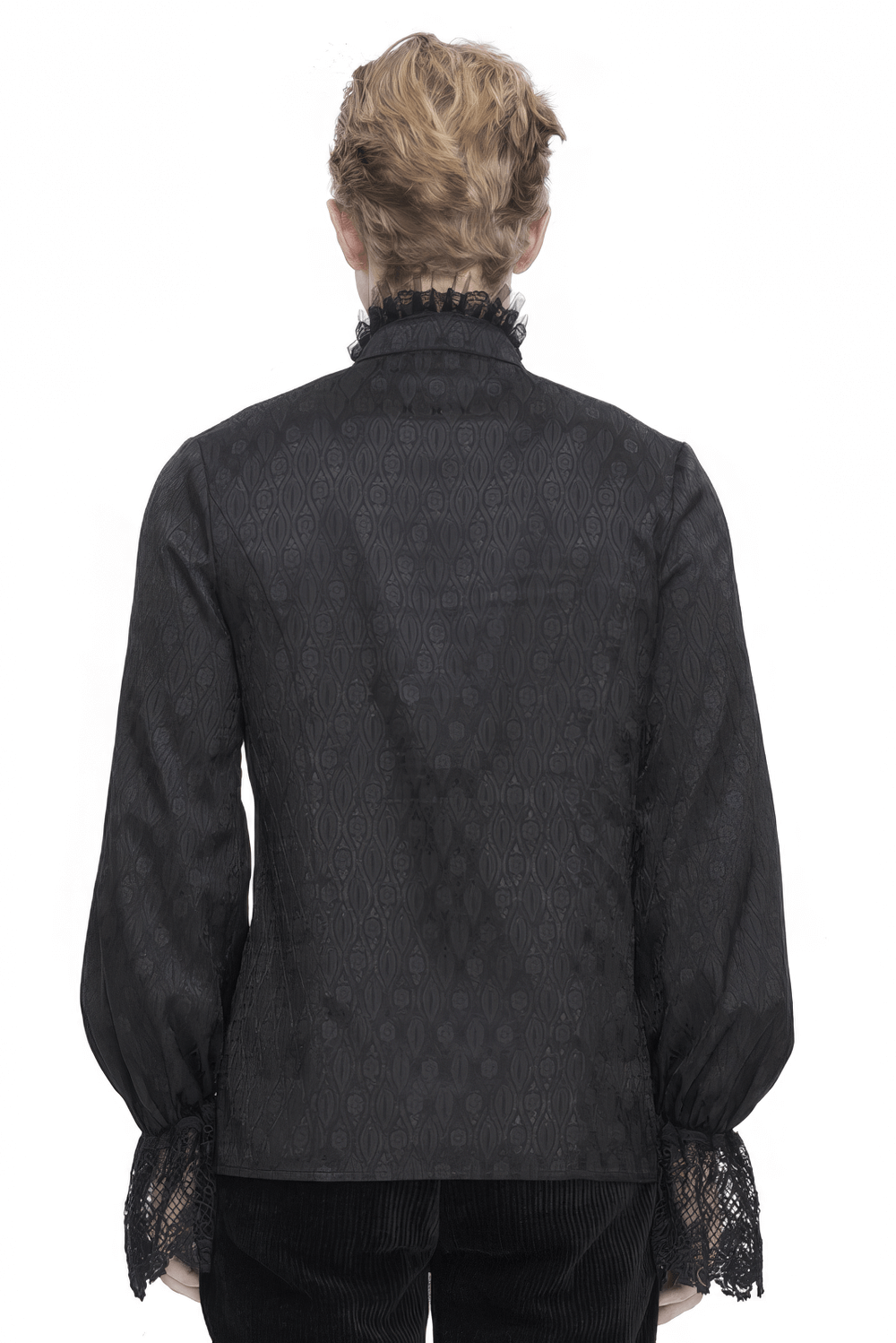 Back view of Elegant Victorian Lace-Trimmed High-Collar Black Shirt showcasing intricate lace details.