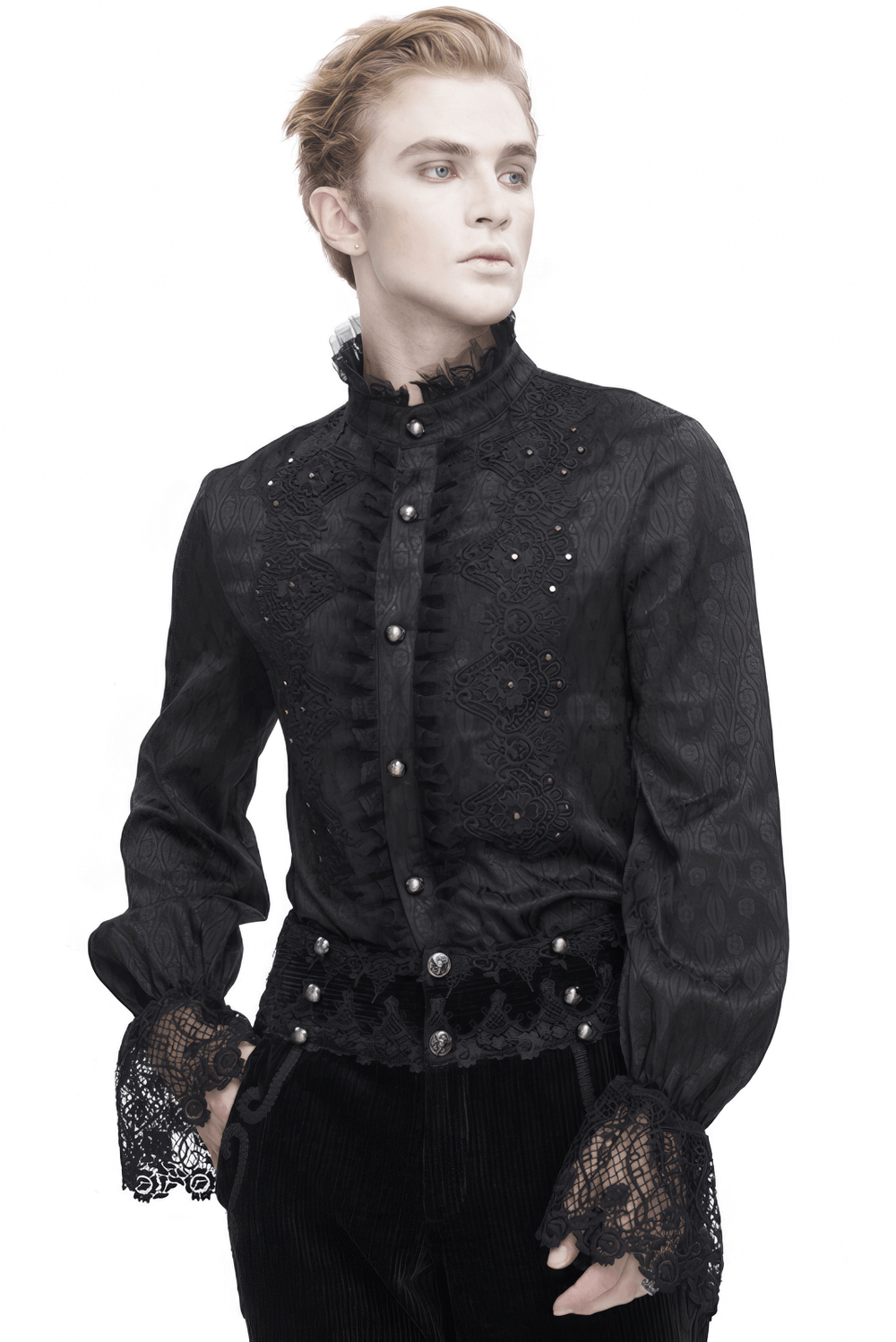 Elegant Victorian black shirt with lace trim and high collar, perfect for a regal style statement.