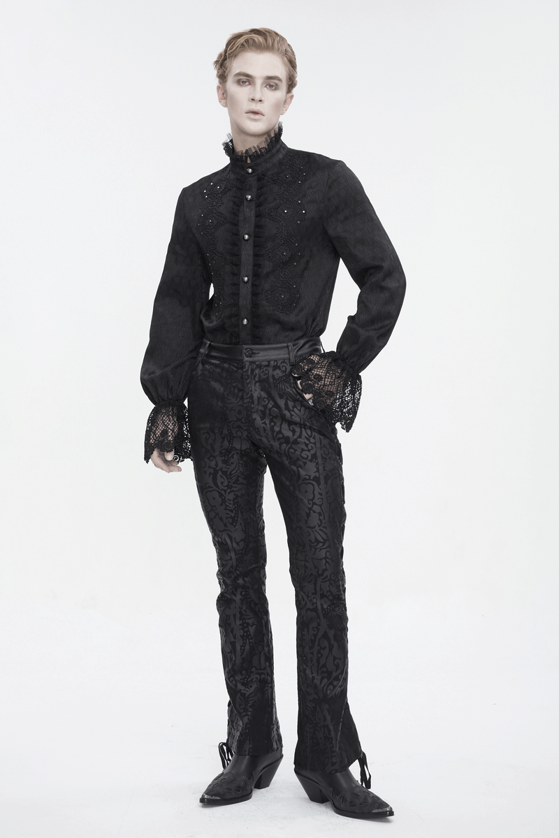 Elegant Victorian lace-trimmed black high-collar shirt styled with intricate details and classic trousers.