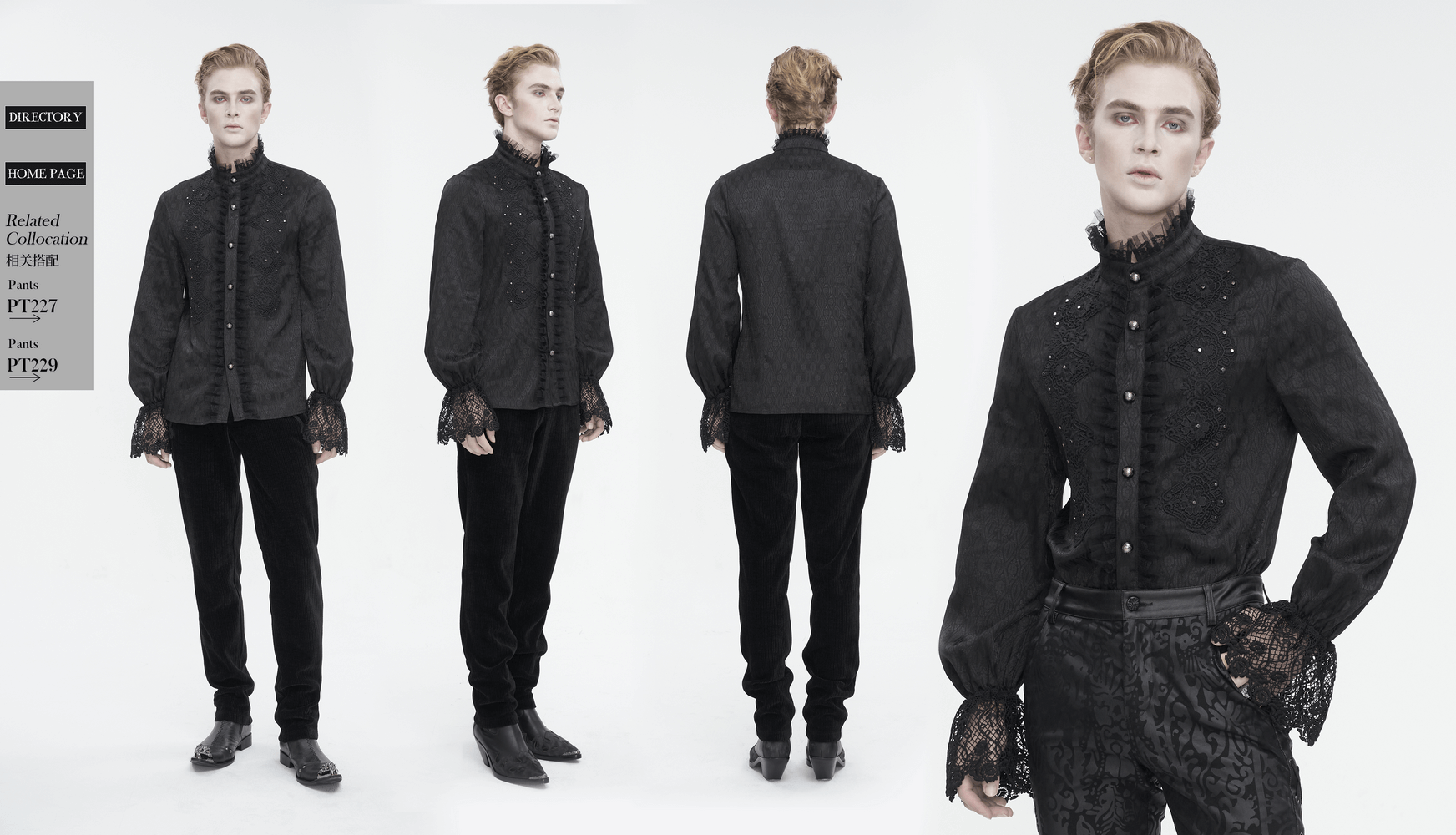 Elegant black Victorian lace-trimmed high-collar shirt showcased in a stylish model display.